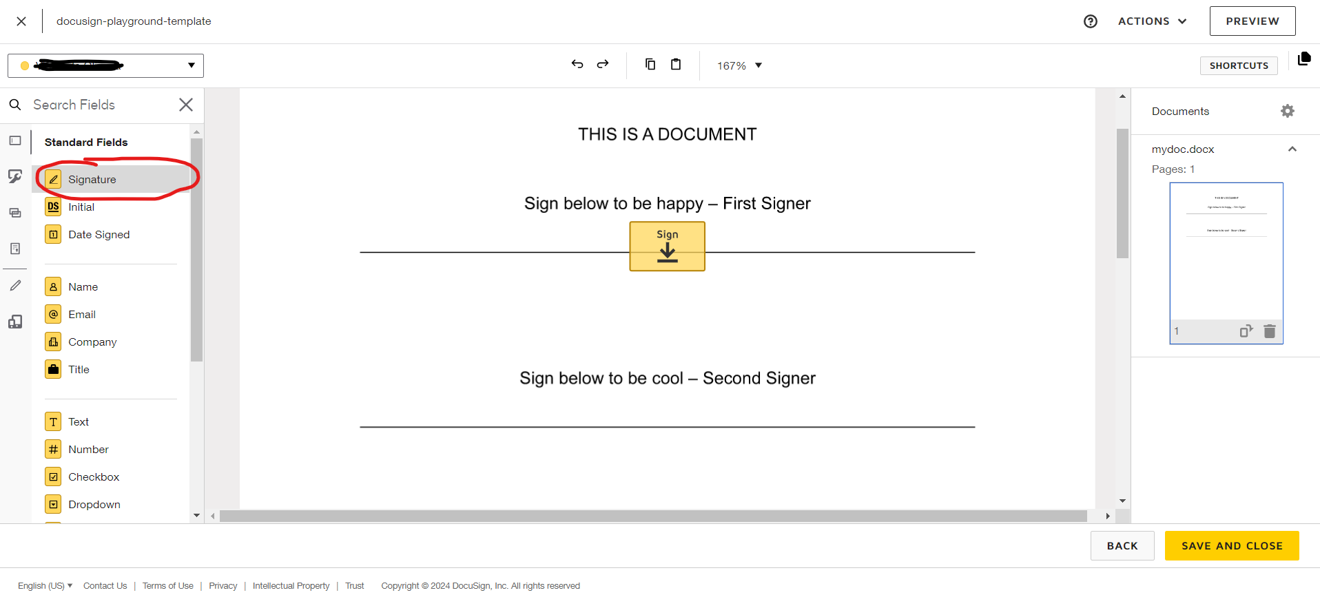 adicionando campo de assinatura no template no docusign