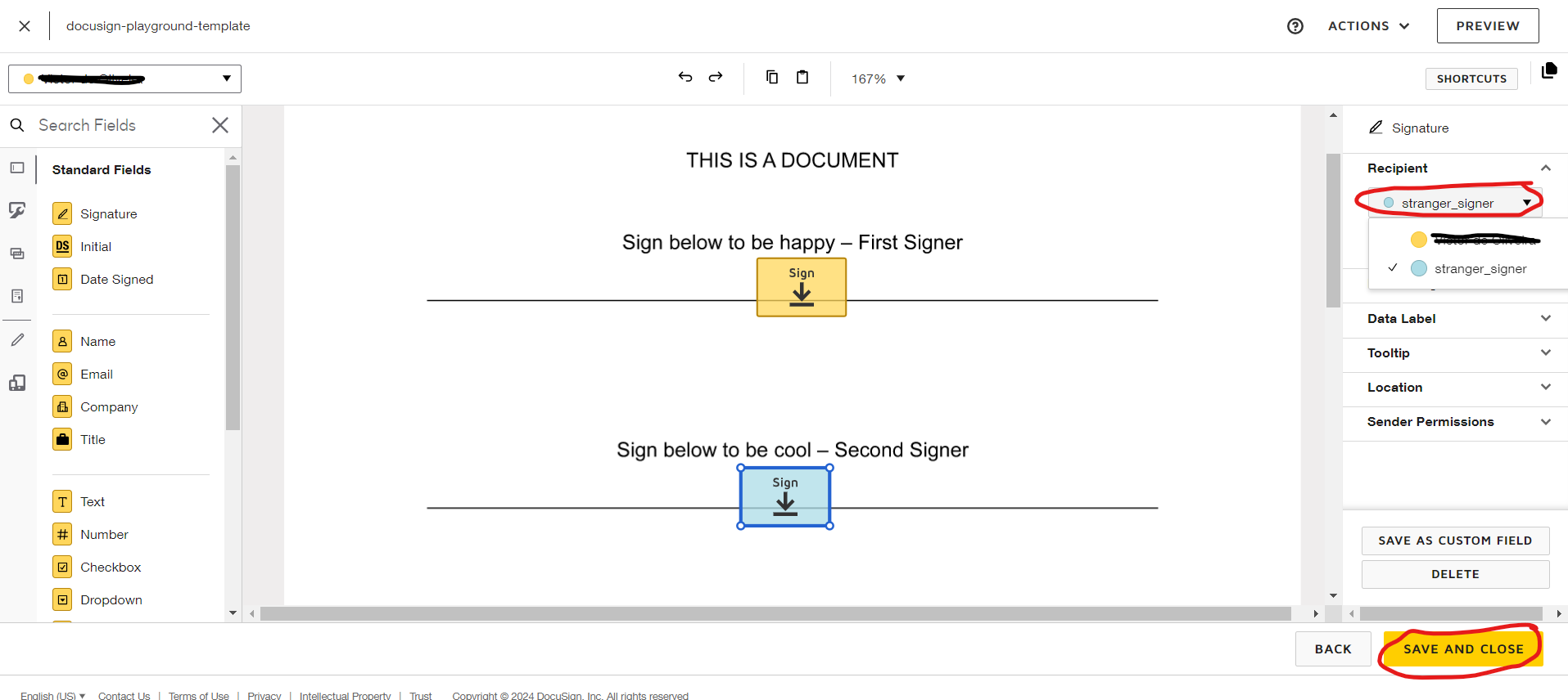 adicionando segundo campo de assinatura no template no docusign