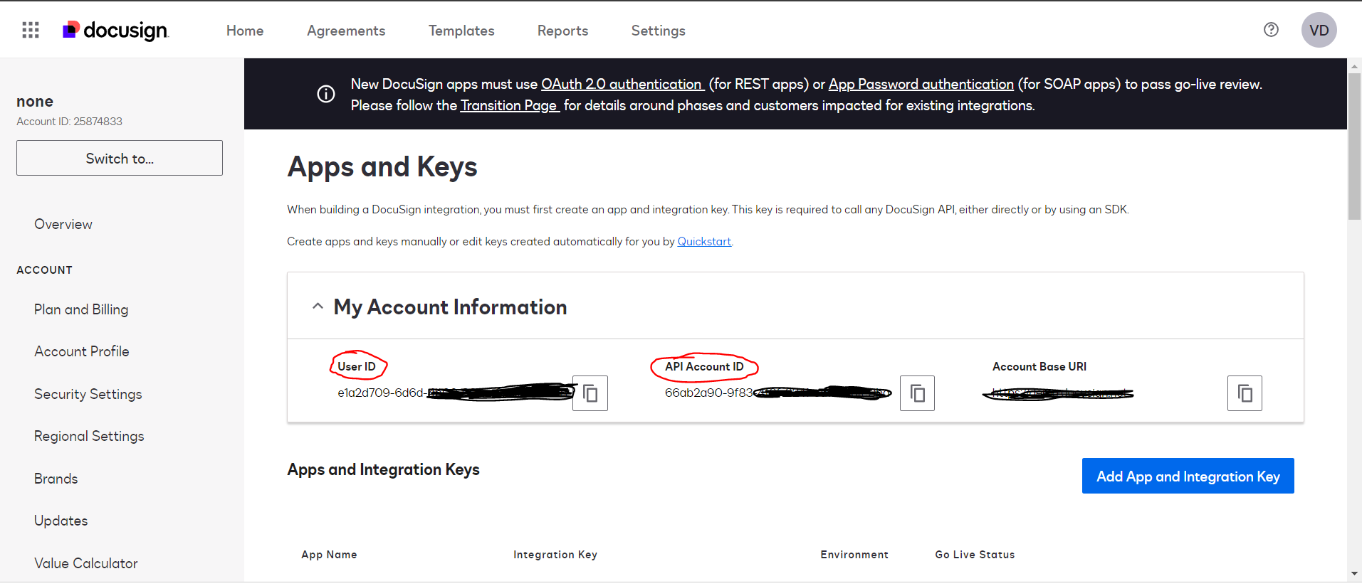 apps and keys do painel do docusign