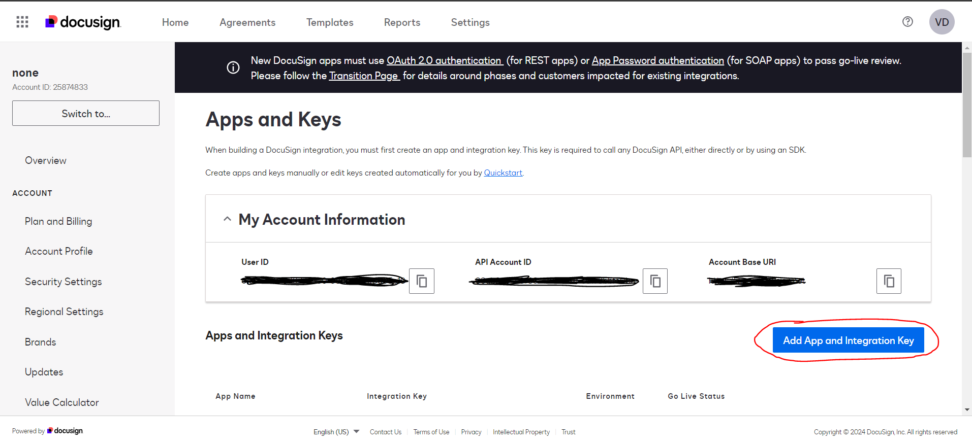 adicionando app e chave de integracao no docusign